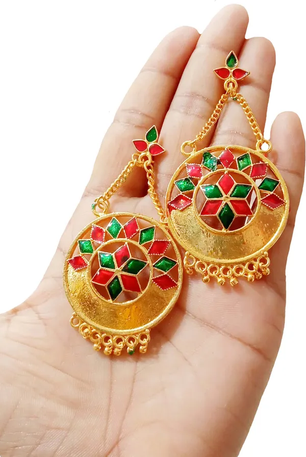 Assamese_Traditional_Copper_Gold_Plated_Red_Green_Colour_Jhumki_Earring_For_Girls_&_Women